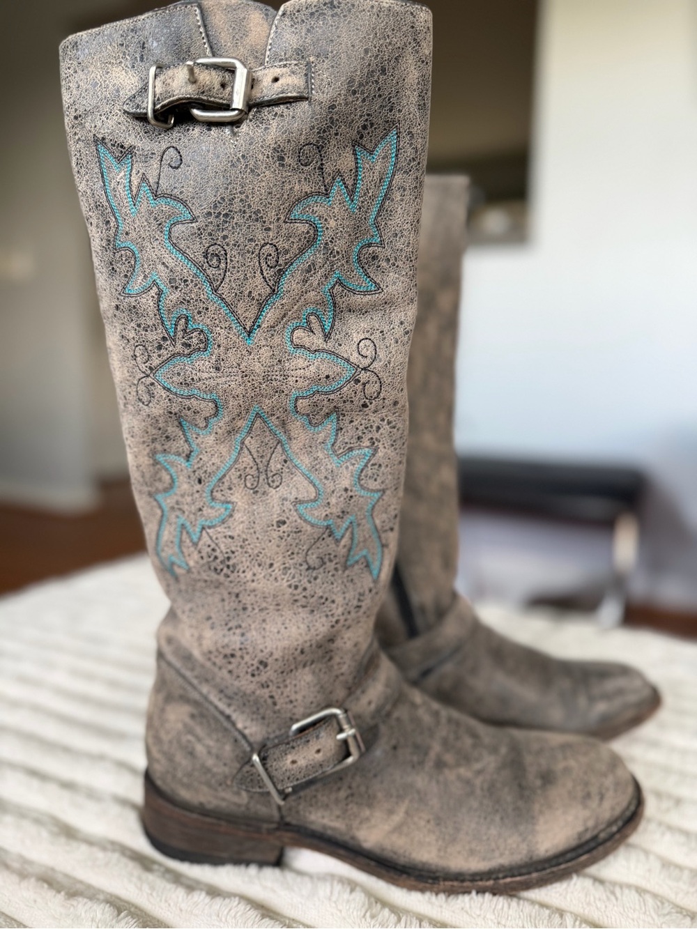 Miz Mooz Taupe Riding Boots with Turquoise Embroidery